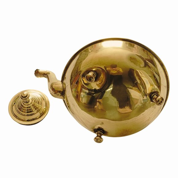 Vintage Ornate Brass & Amber Glass Handle Footed Teapot - Picture 4 of 9